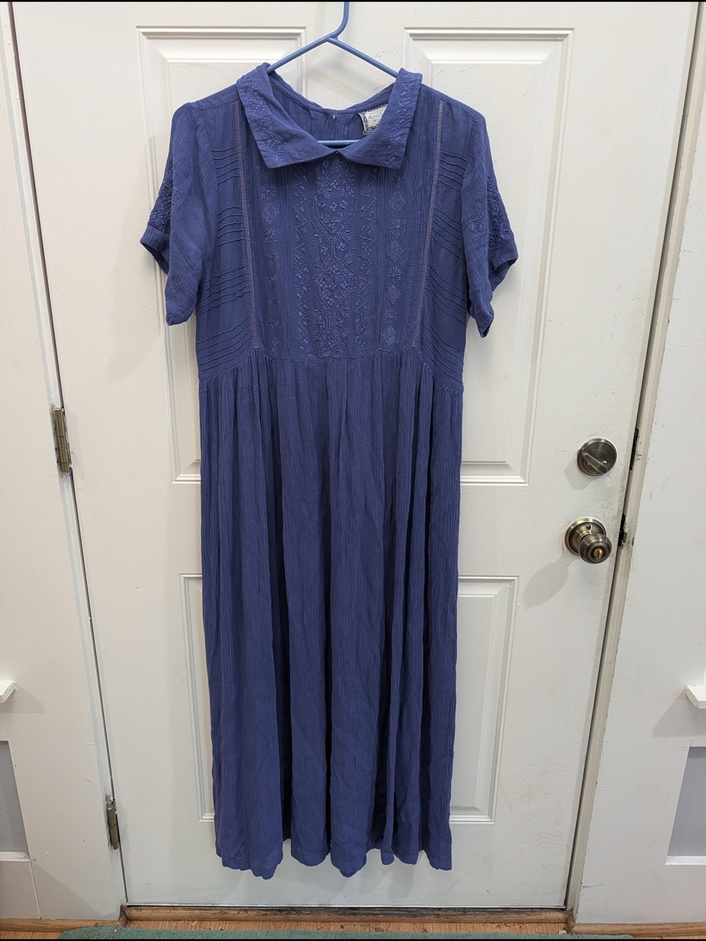 April Cornell Blue Embroidered Rayon Maxi Dress Peter Pan Collar Cottagecore M